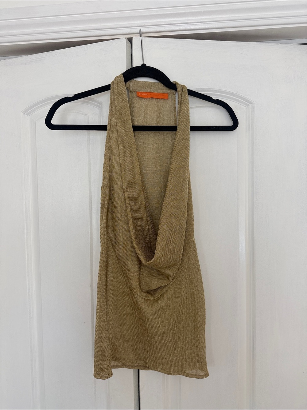 Cynthia Steffe Gold Knit Headband with Orange Logo Trim